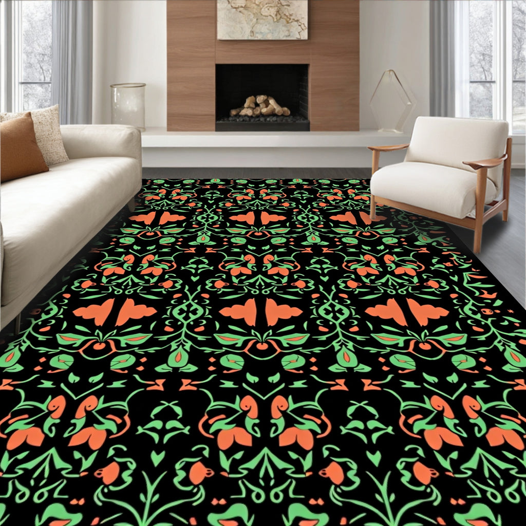 Coral Green Floral Arabesque Repeat Rug