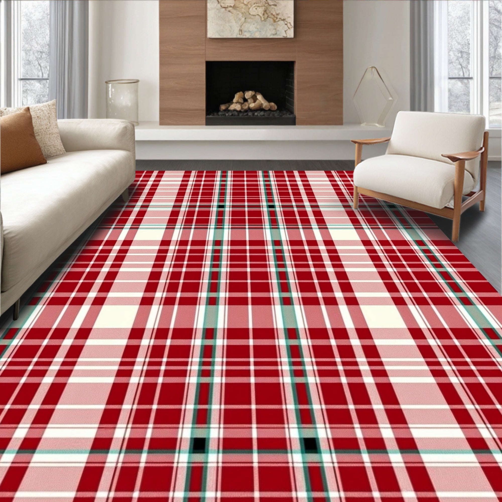 Classic Red White Plaid Pattern Rug