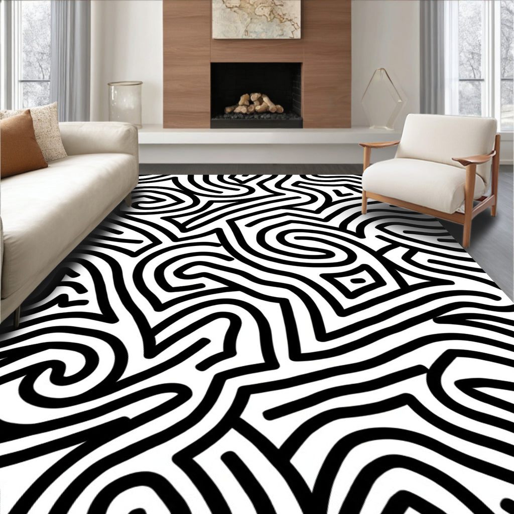 Bold Black Wave Pattern Rug