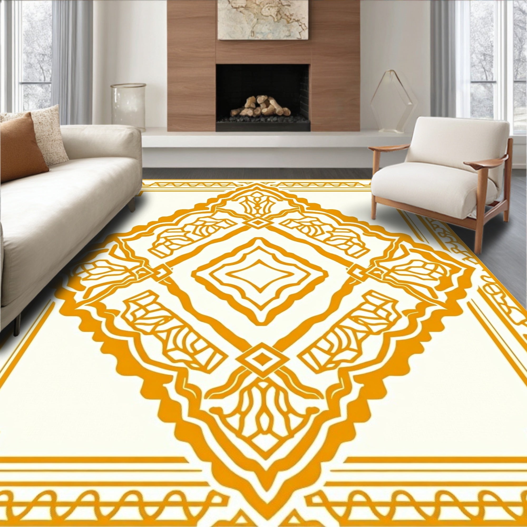 Golden Orange Art Deco Geometric Diamond Rug