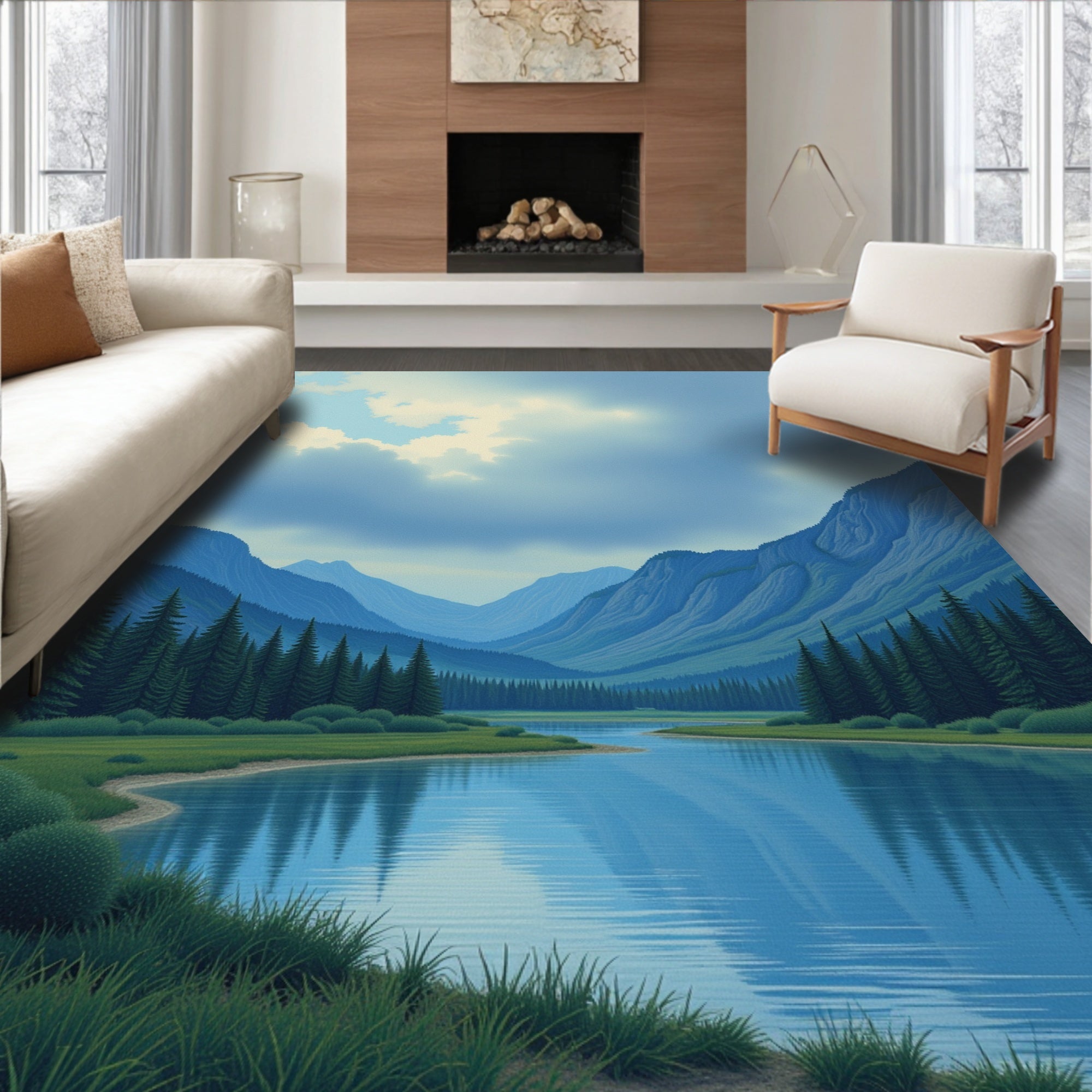 Serene Mountain Valley River Scene Rug