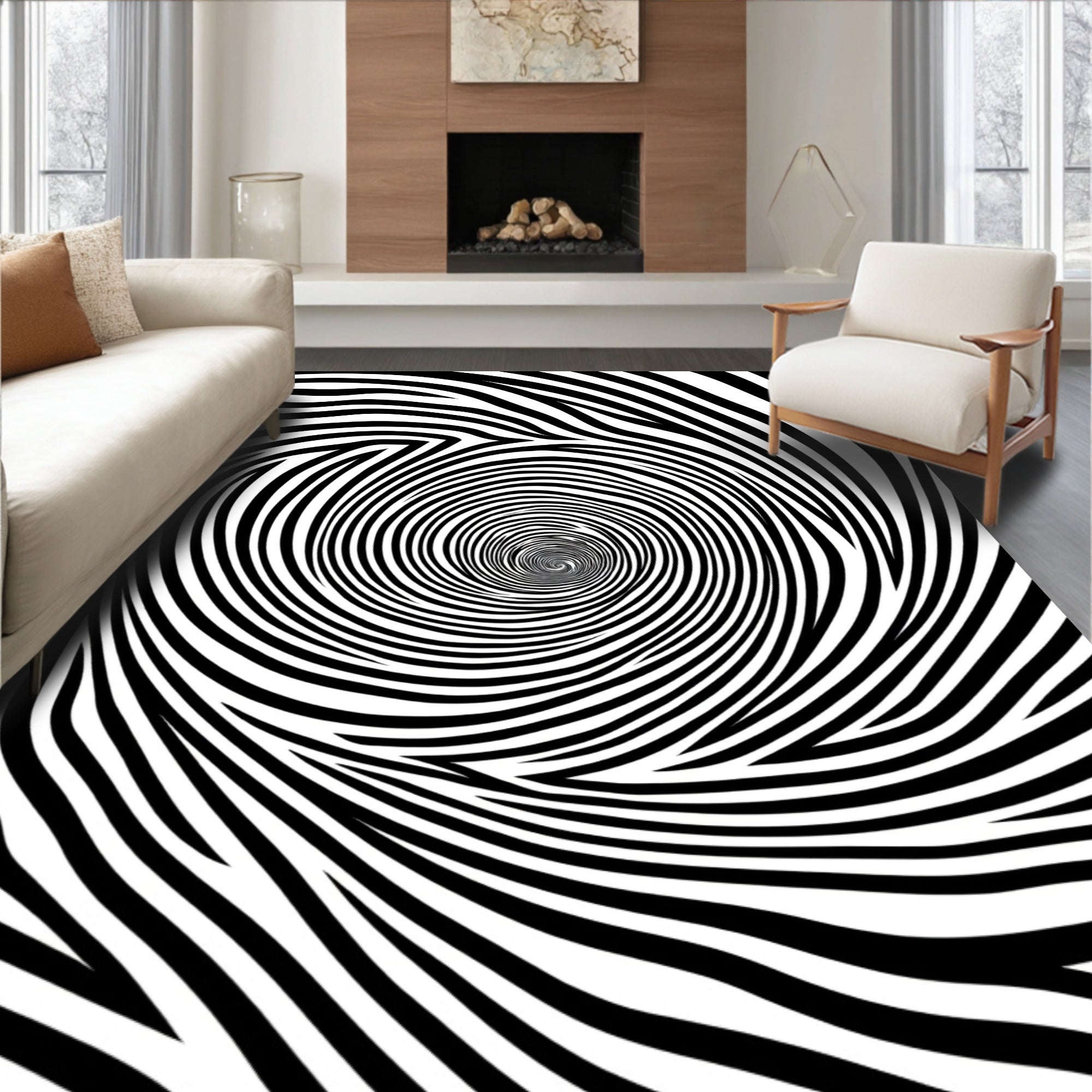 Black White Optical Illusion Swirl Rug