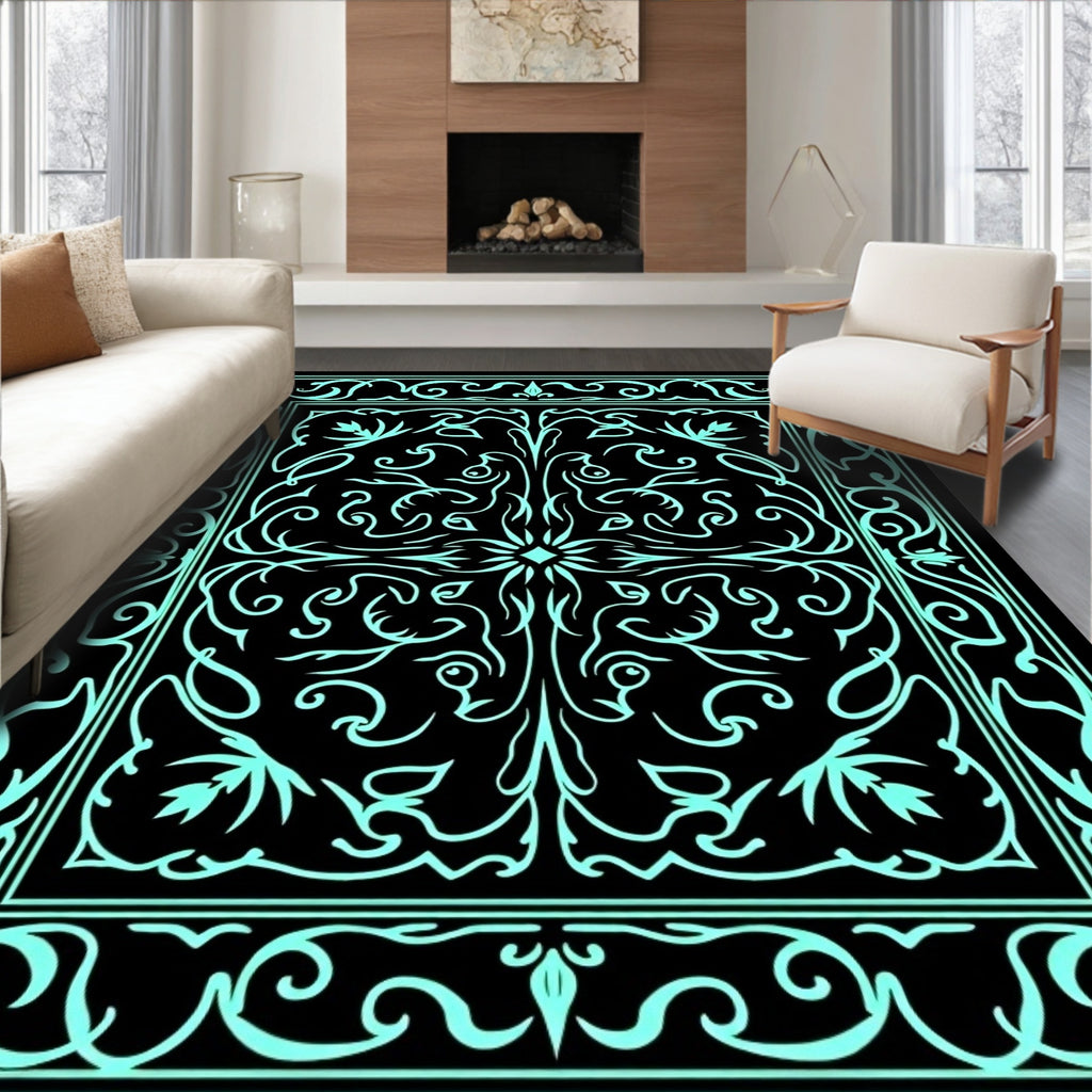 Aqua Black Ornate Floral Border Rug