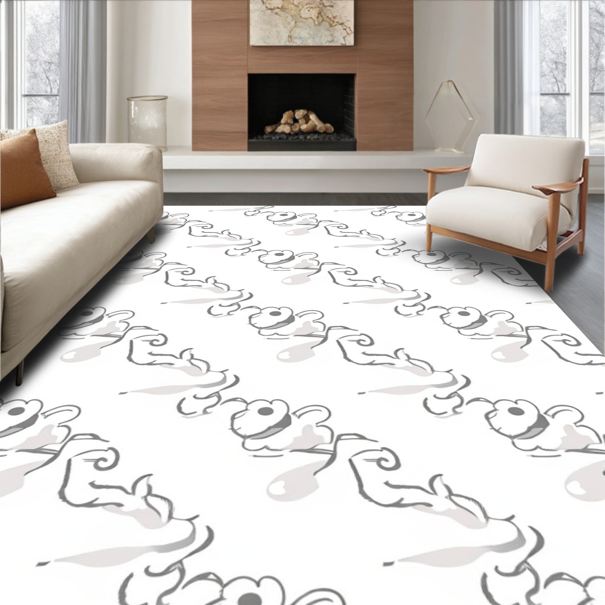 Minimalist White Gray Swirl Flower Pattern Rug