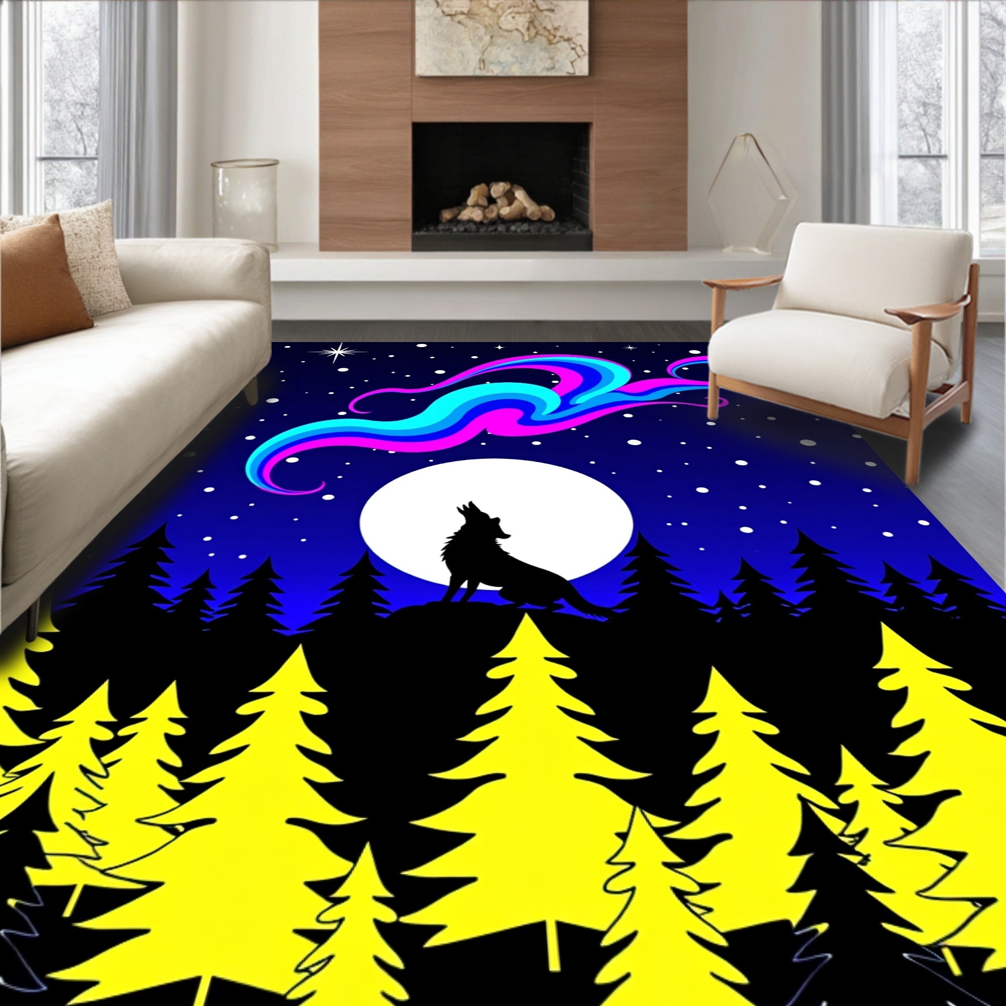 Night Wolf Silhouette Aurora Abstract Pattern Rug