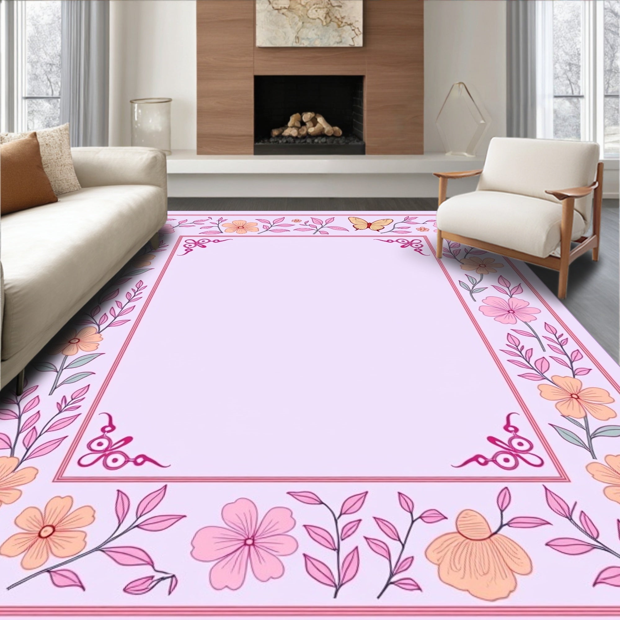 Charming Floral Butterfly Nature Border Rug