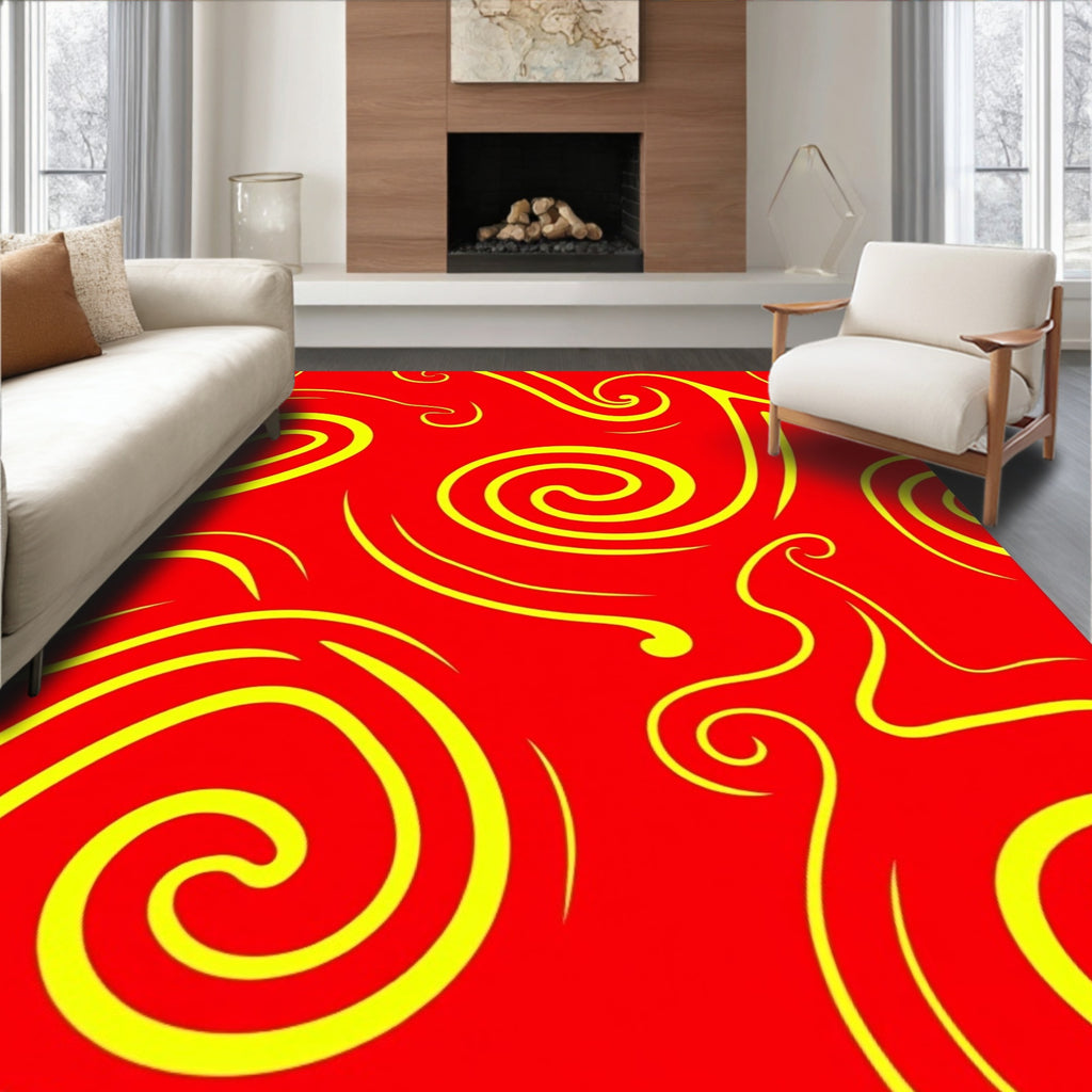 Bold Red Yellow Swirl Pattern Rug