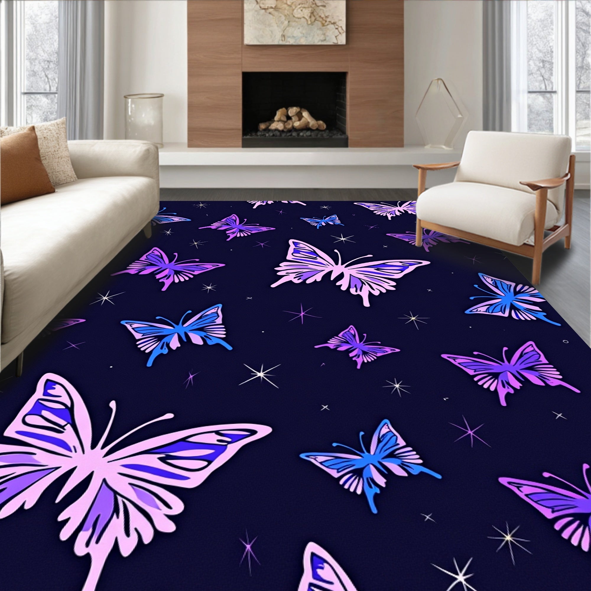 Purple Blue Butterfly Night Sky Design Rug