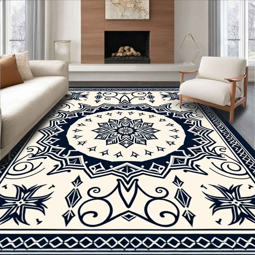 Ornate Dark Blue Mandala Floral Rug