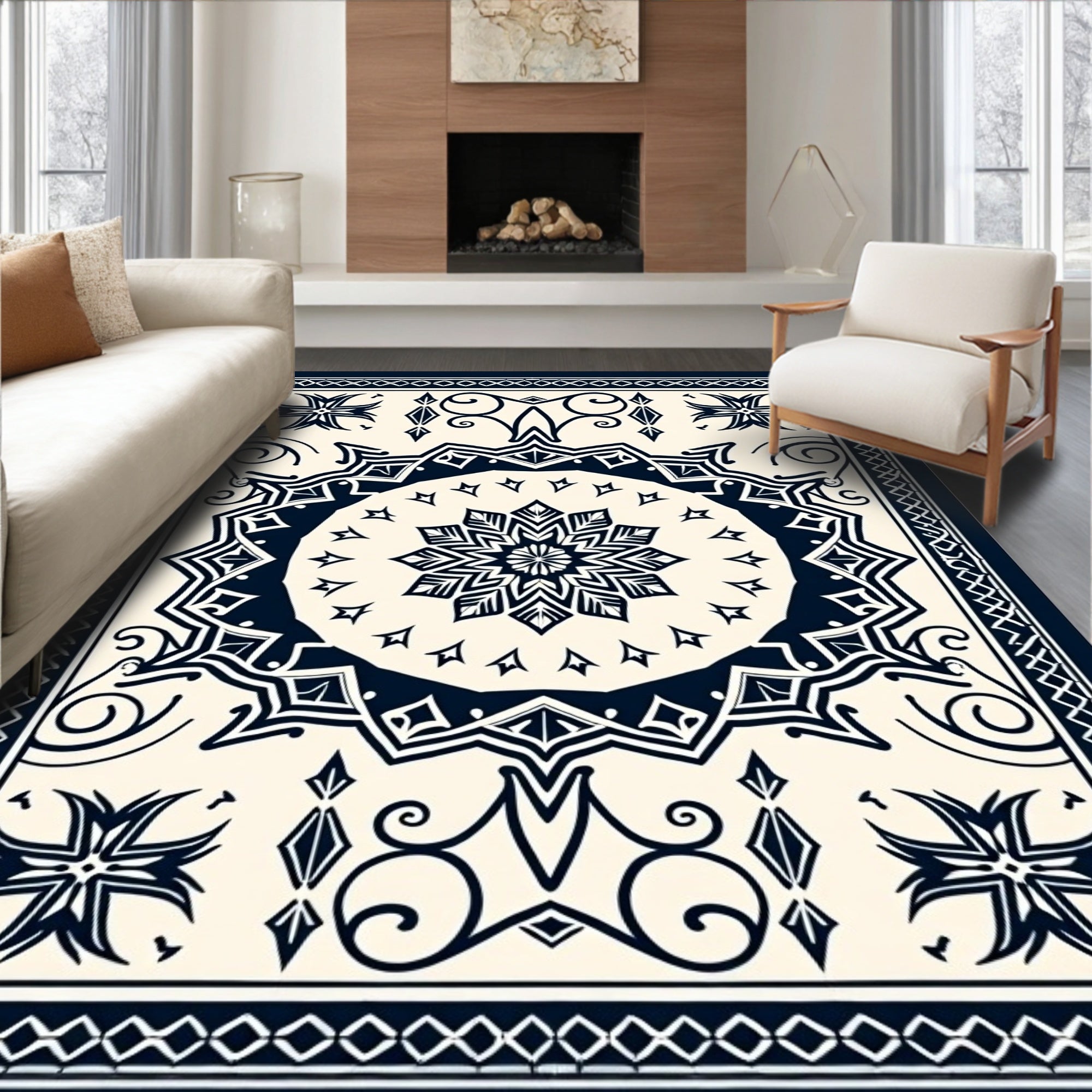 Ornate Dark Blue Mandala Floral Rug
