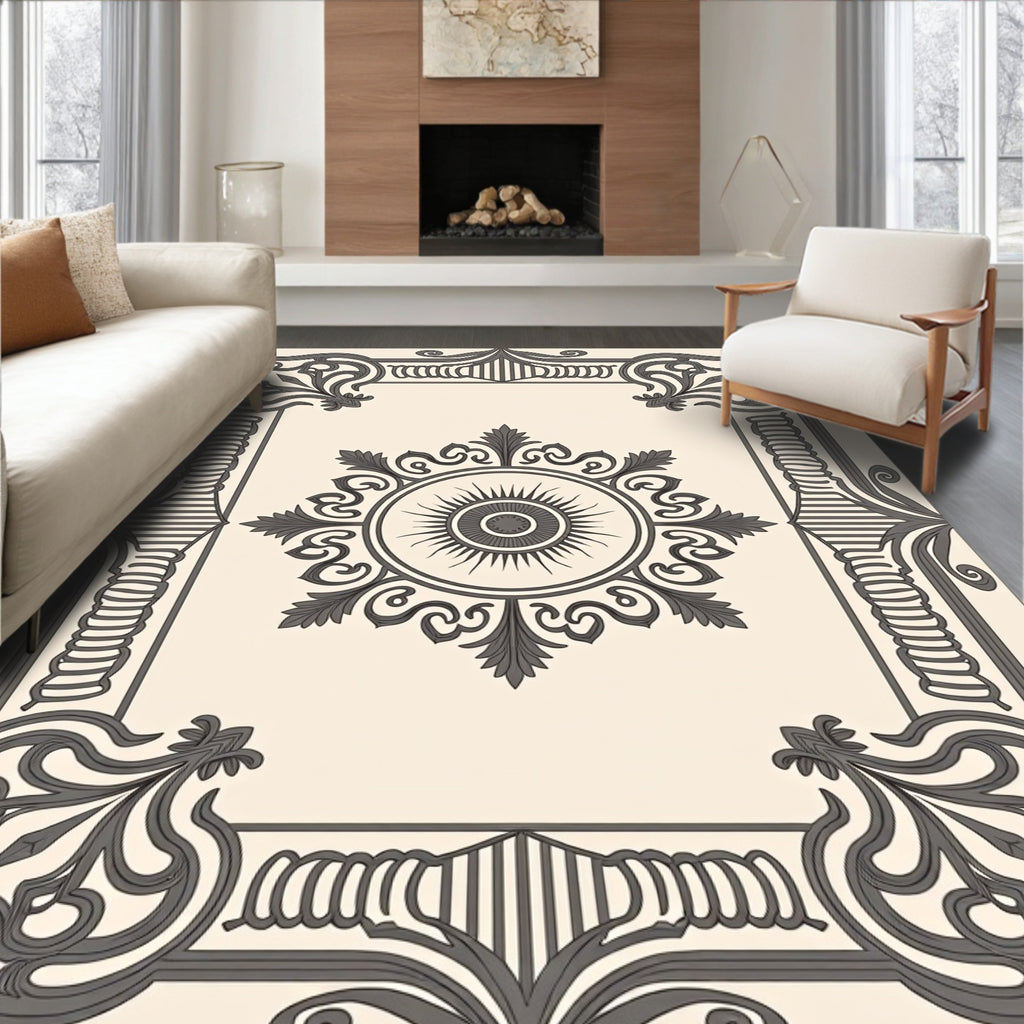 Ornate Sun Motif Gray Border Rug