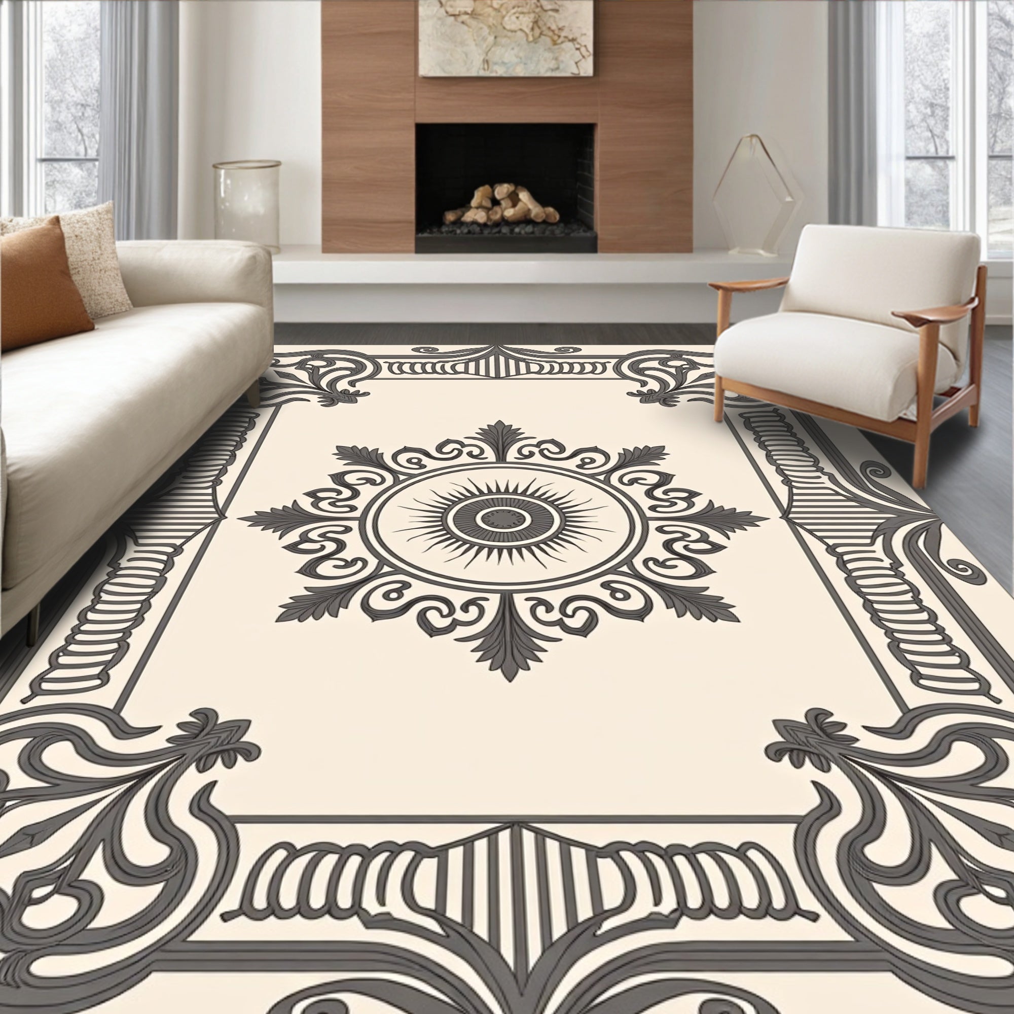 Ornate Sun Motif Gray Border Rug