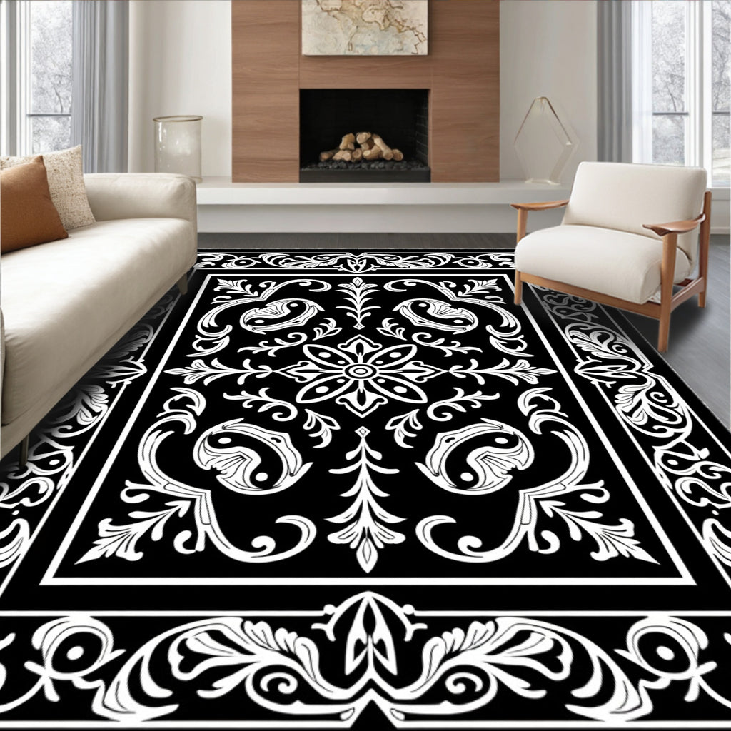 Classic Black White Floral Scroll Rug