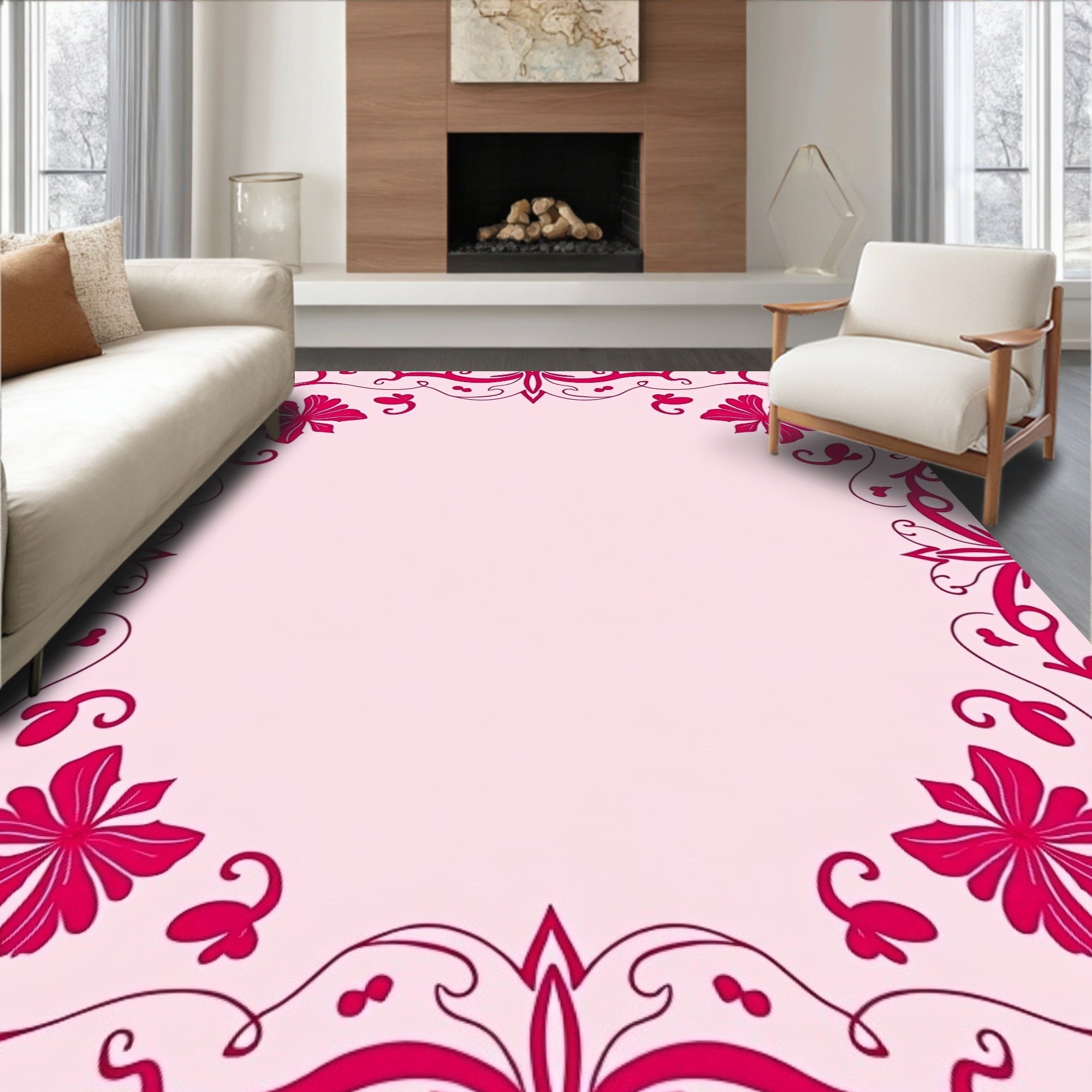 Floral Vine Scrollwork Pink Rug