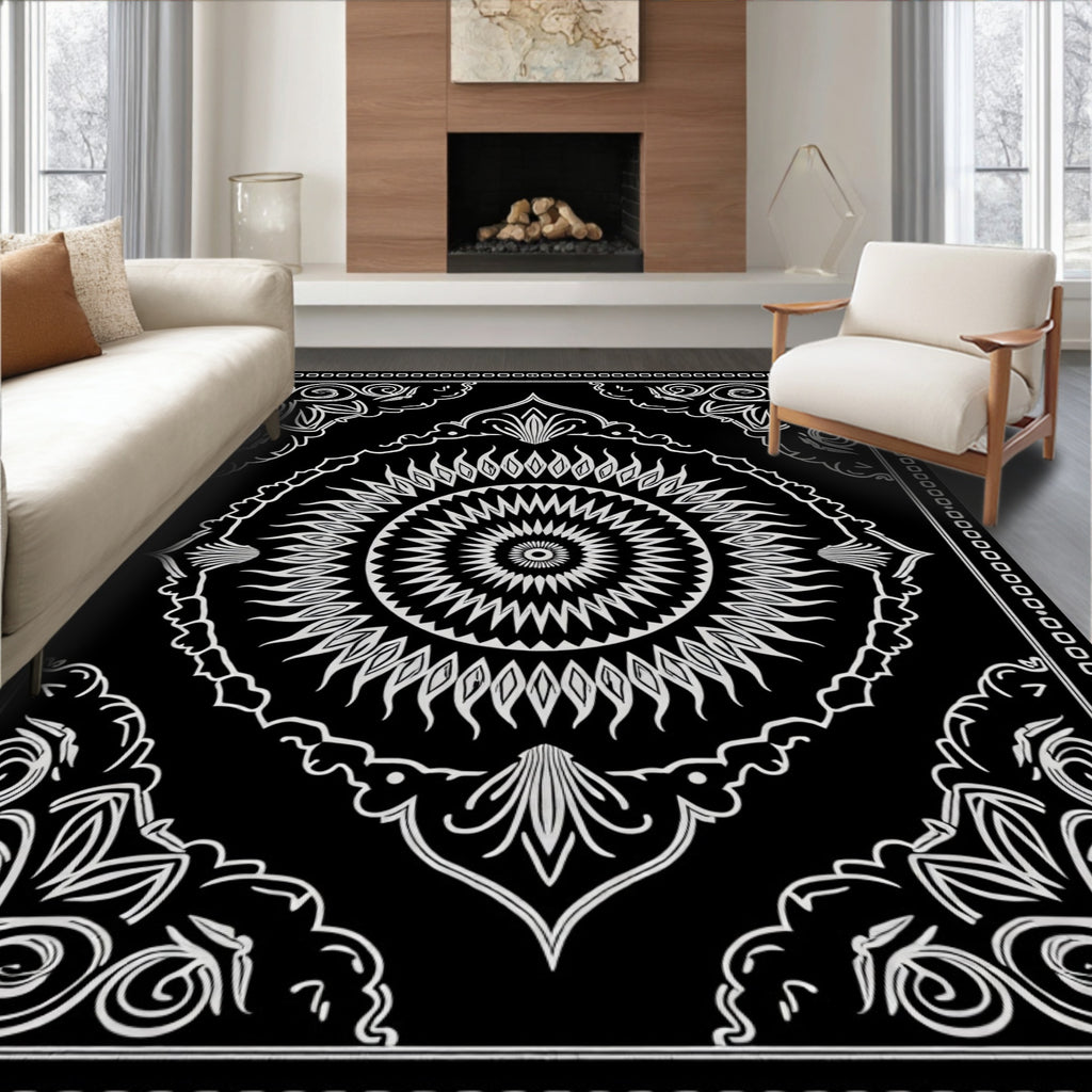 Black White Sunburst Mandala Pattern Rug