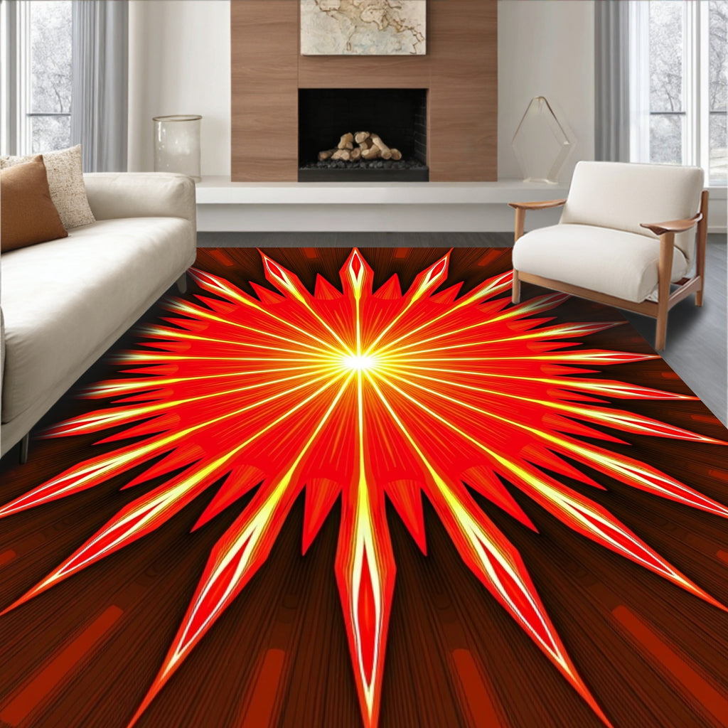 Radiant Red Yellow Sunburst Design Rug