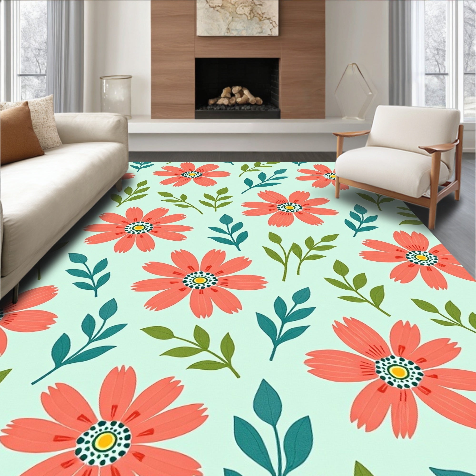 Coral Floral Leaf Pattern Rug