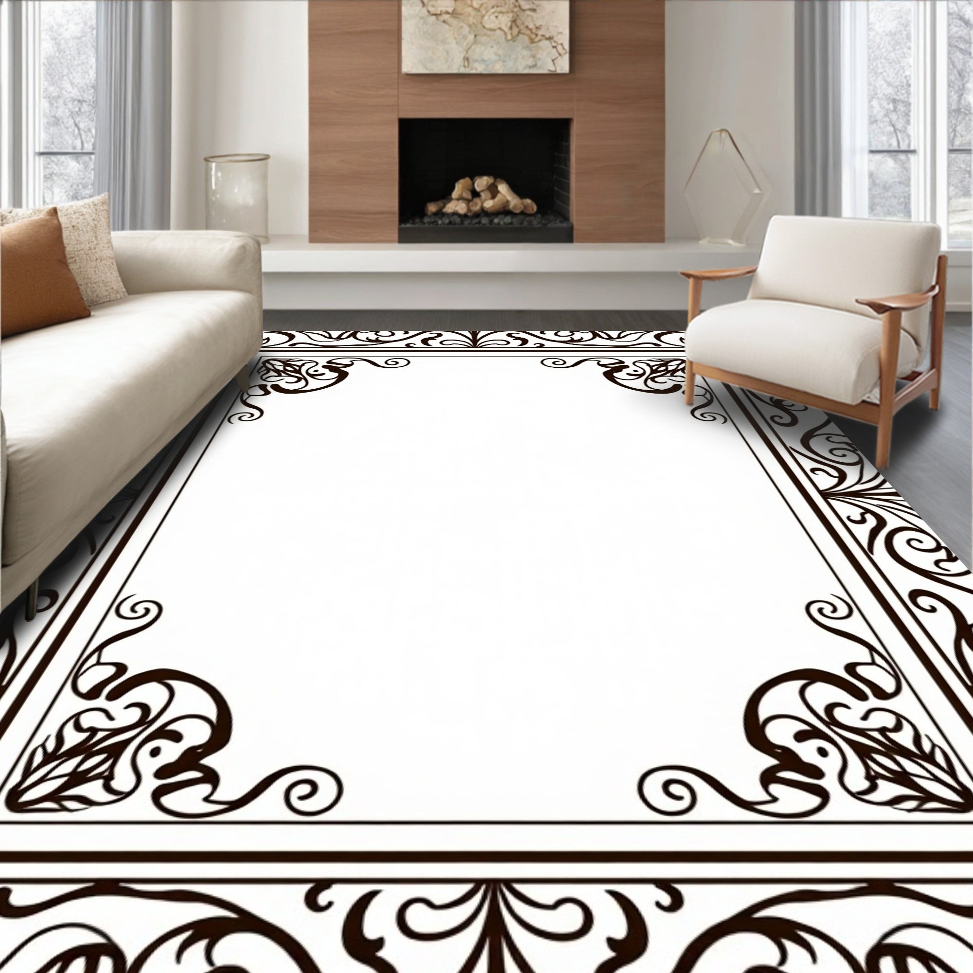 Ornate Scrollwork Black Vintage Frame Rug