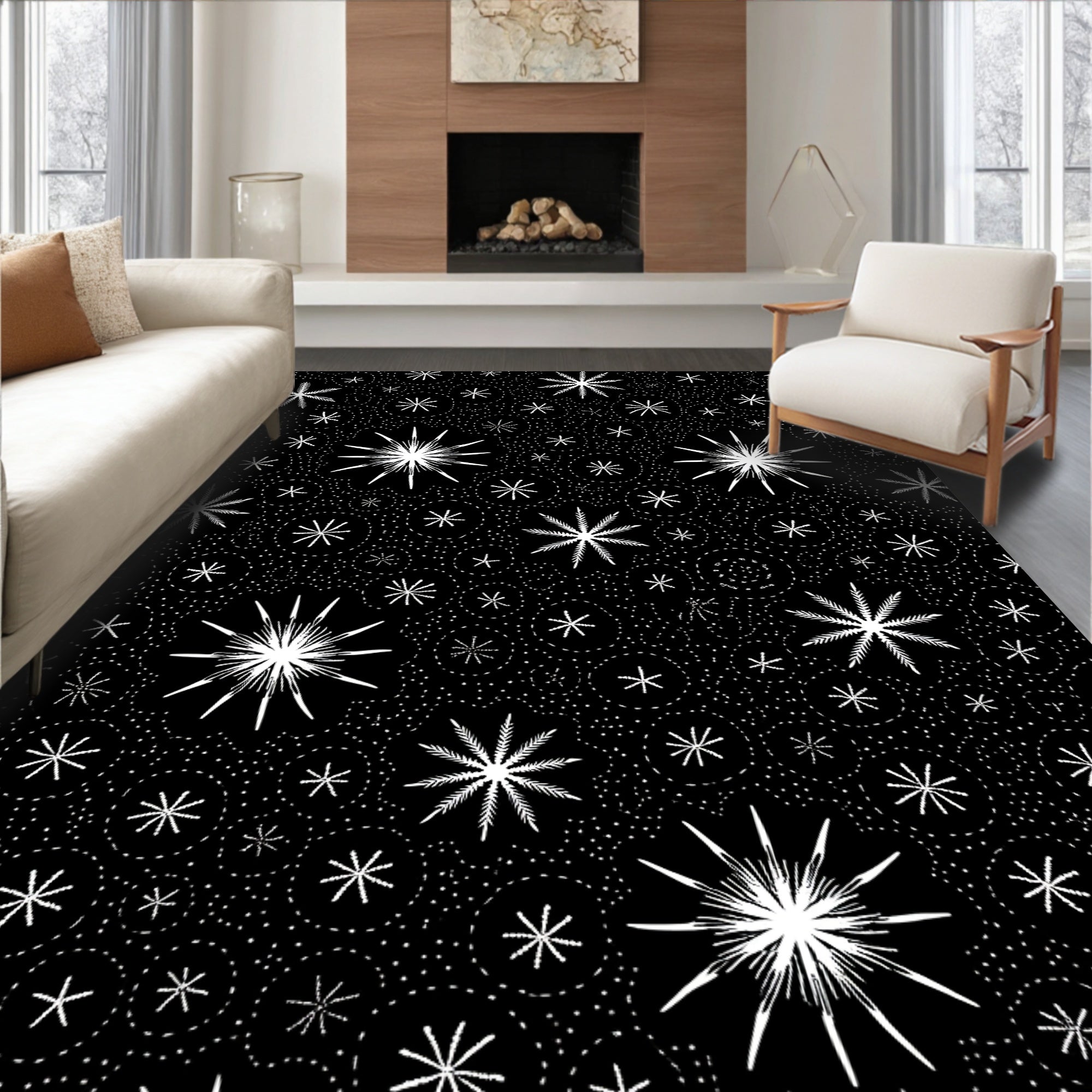 White Starburst Pattern With Circles Rug