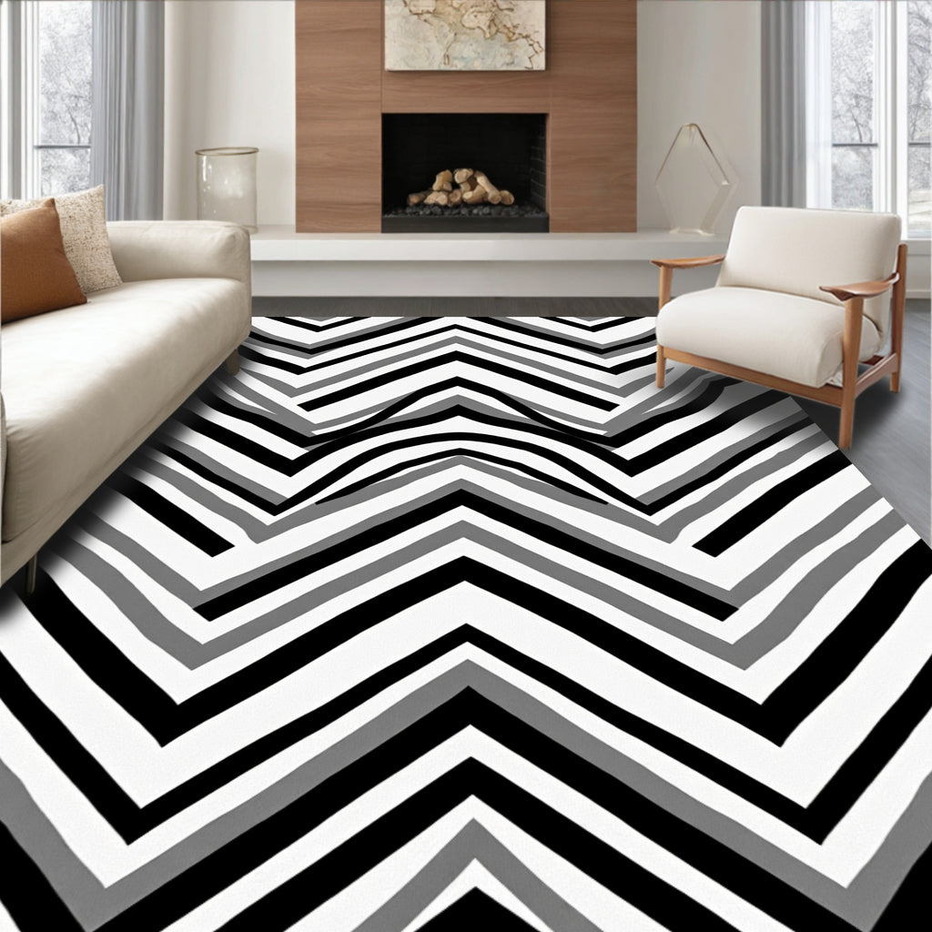 Monochrome Zigzag Wave Pattern Rug