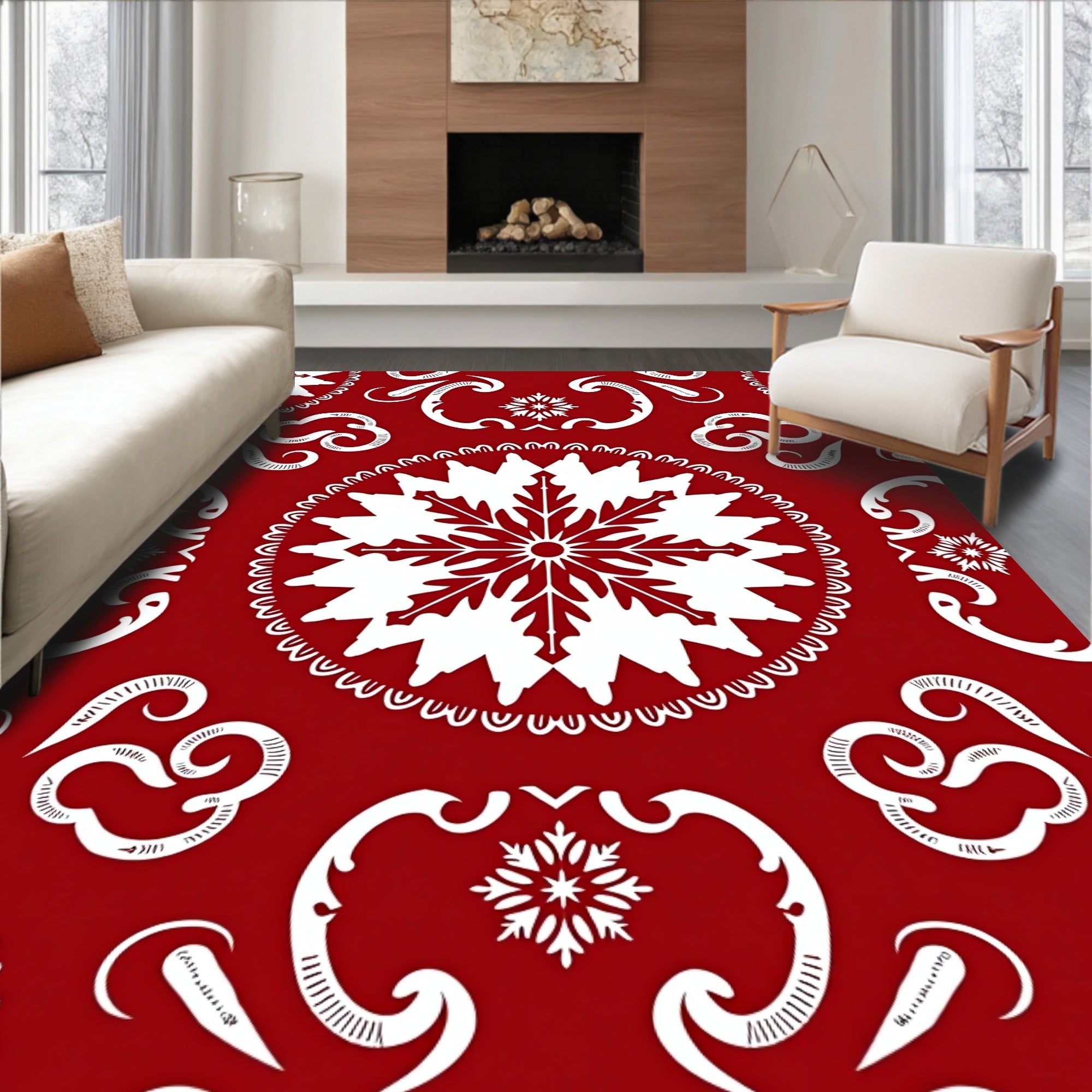 Intricate Snowflake Patterned Red Rug