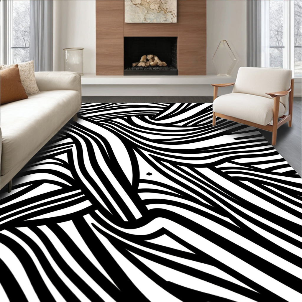 Bold Black White Striped Pattern Rug