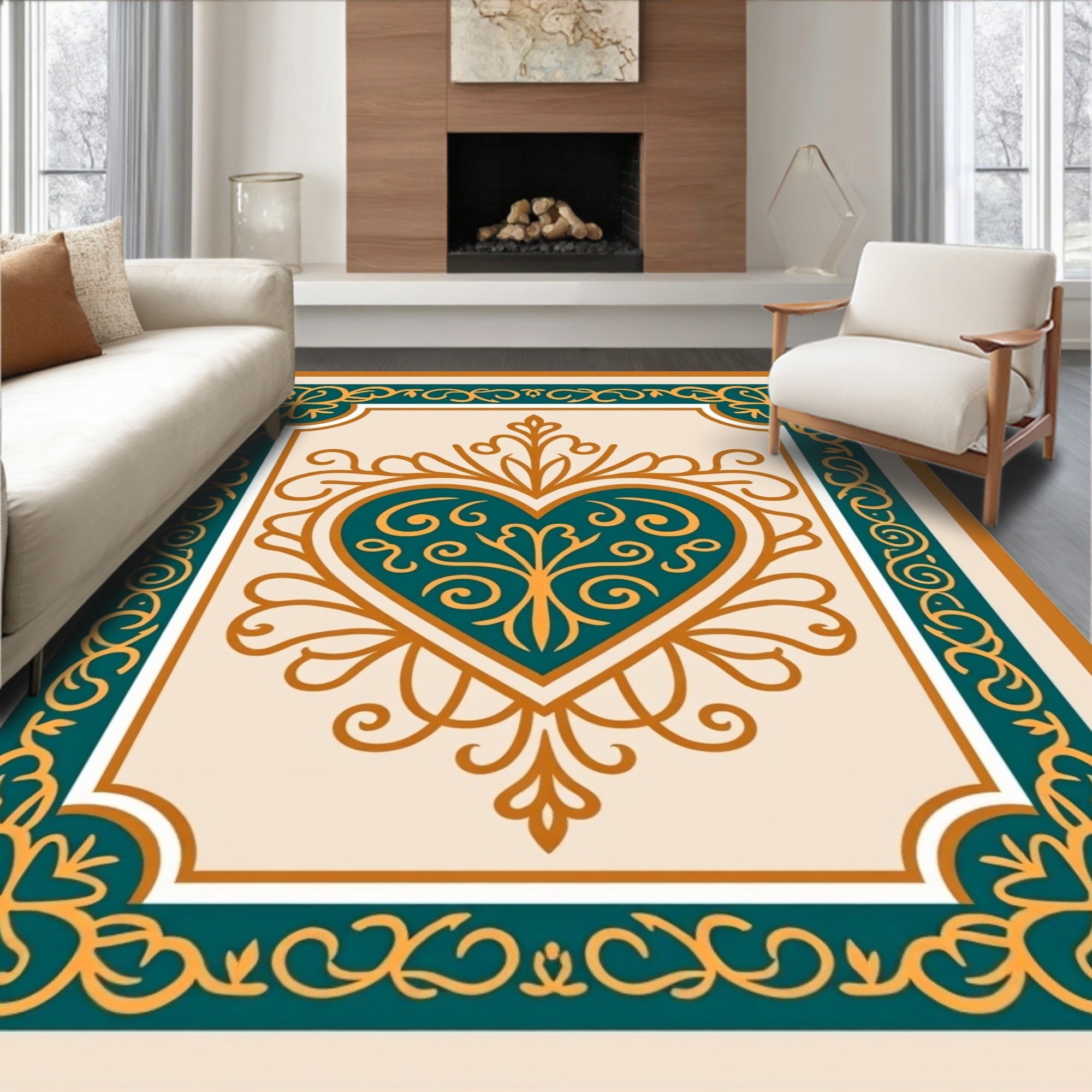 Teal Gold Heart Filigree Border Rug