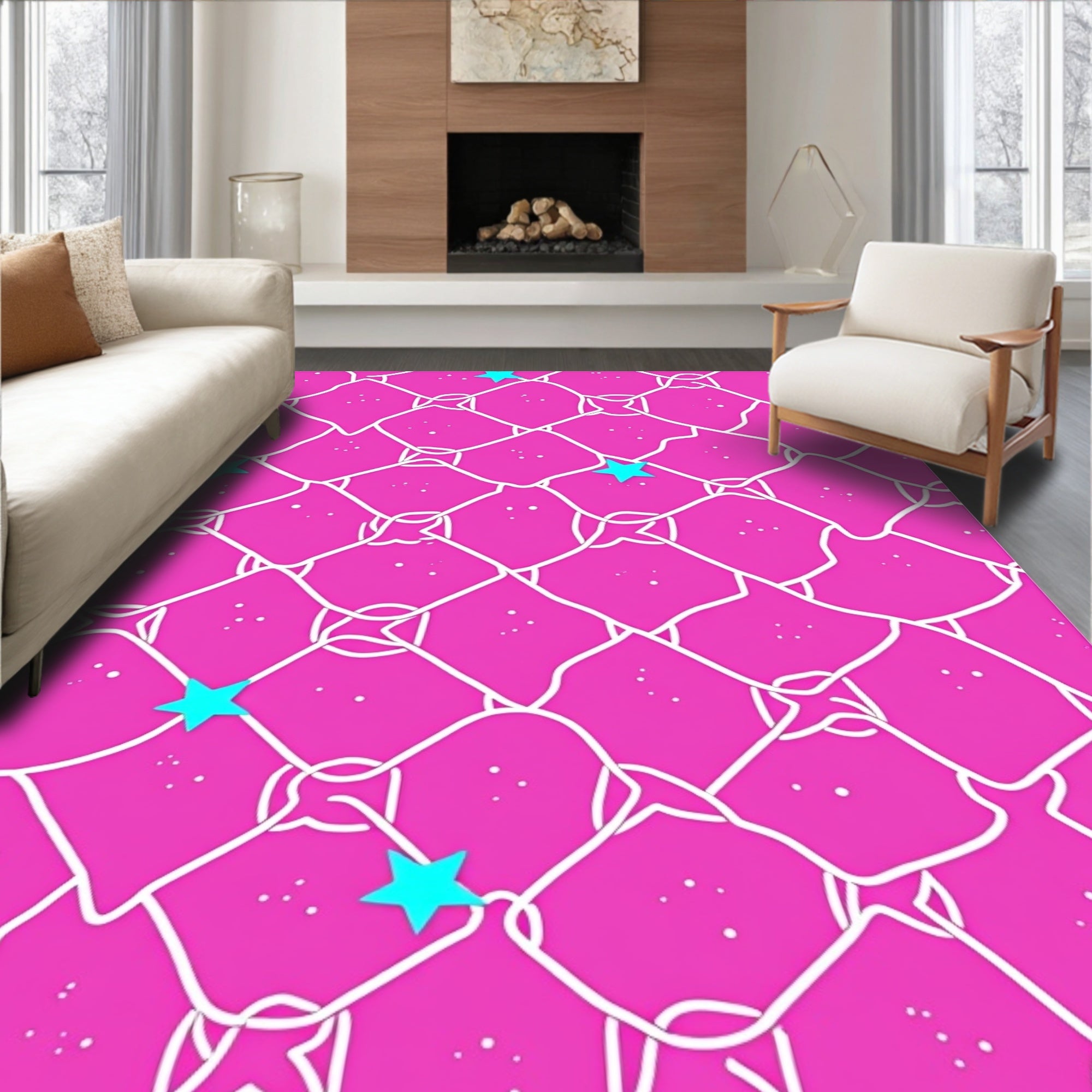 Pink Mesh With Aqua Stars Design Rug