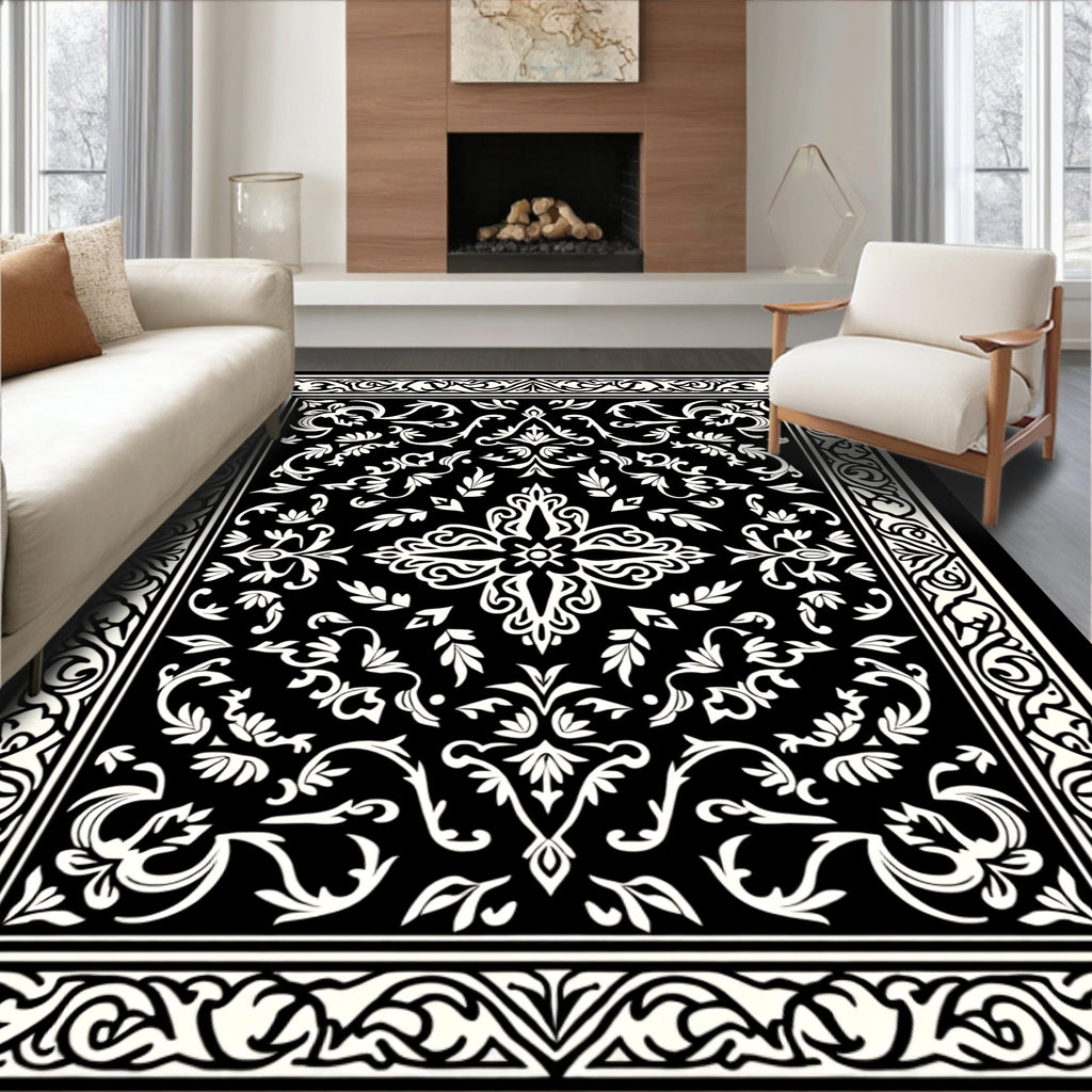 Ornate Black White Floral Pattern Rug