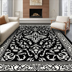 Ornate Black White Floral Pattern Rug
