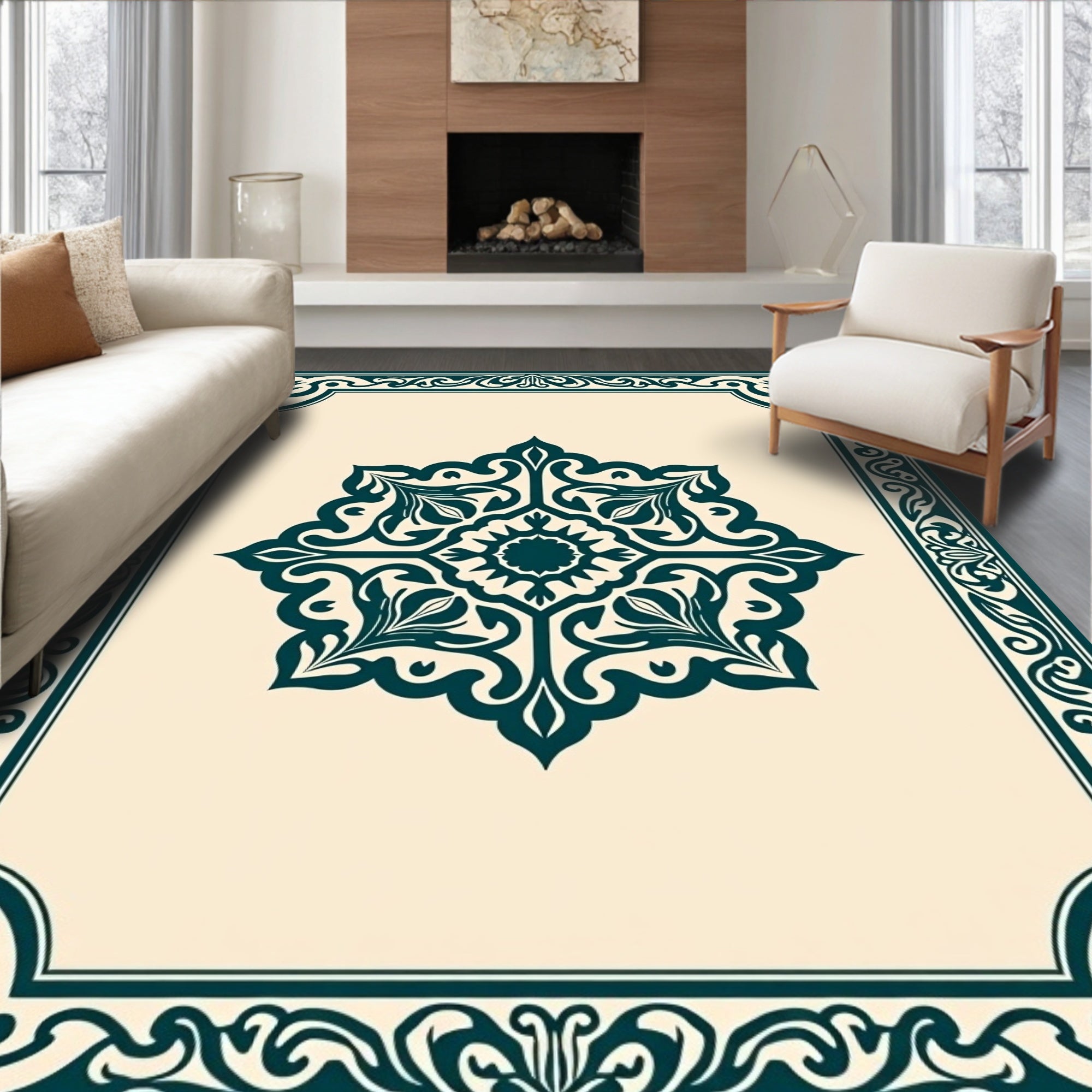 Elegant Teal Floral Medallion Design Rug