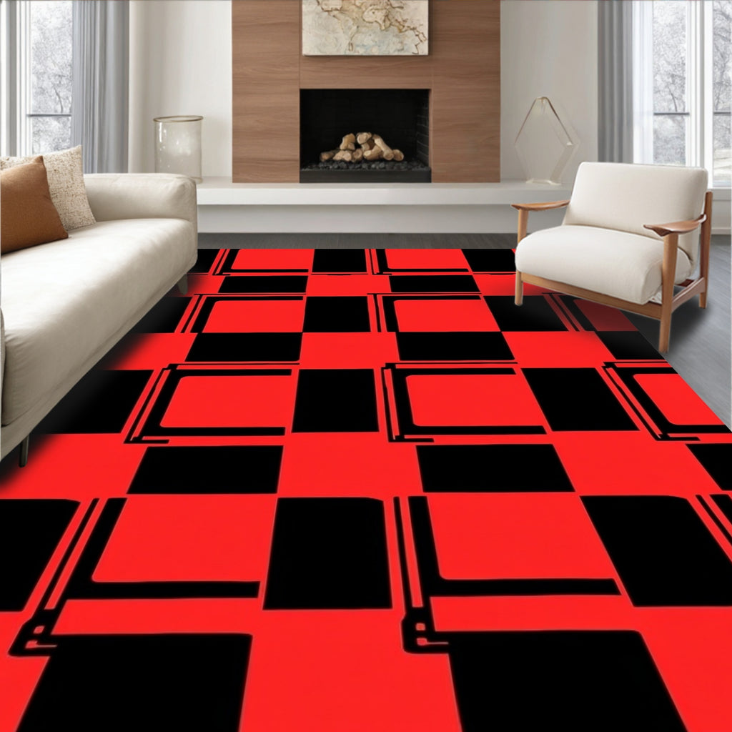 Bold Red Black Geometric Checkerboard Rug