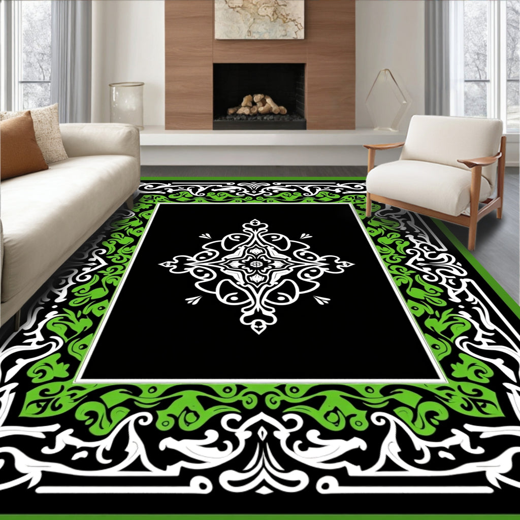 Black Green White Intricate Floral Pattern Rug