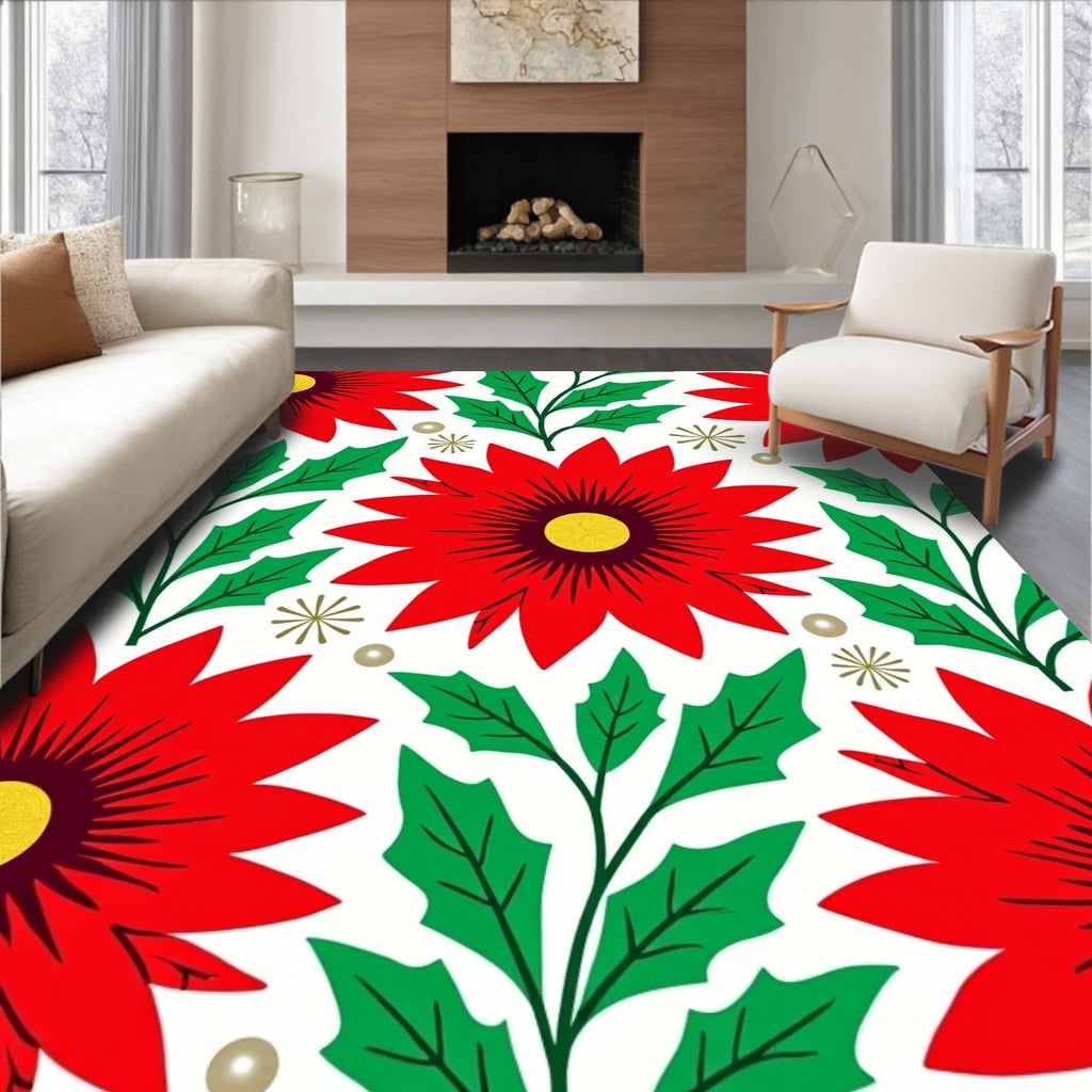 Festive Red Poinsettia Holly Garland Rug