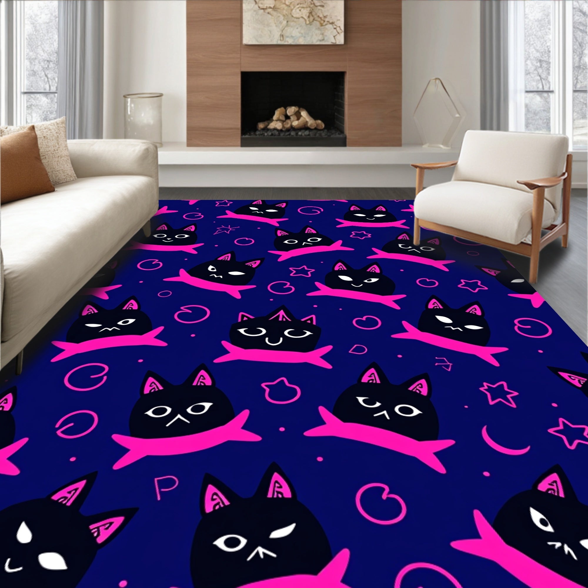 Cute Black Cats Pink Accents Pattern Rug