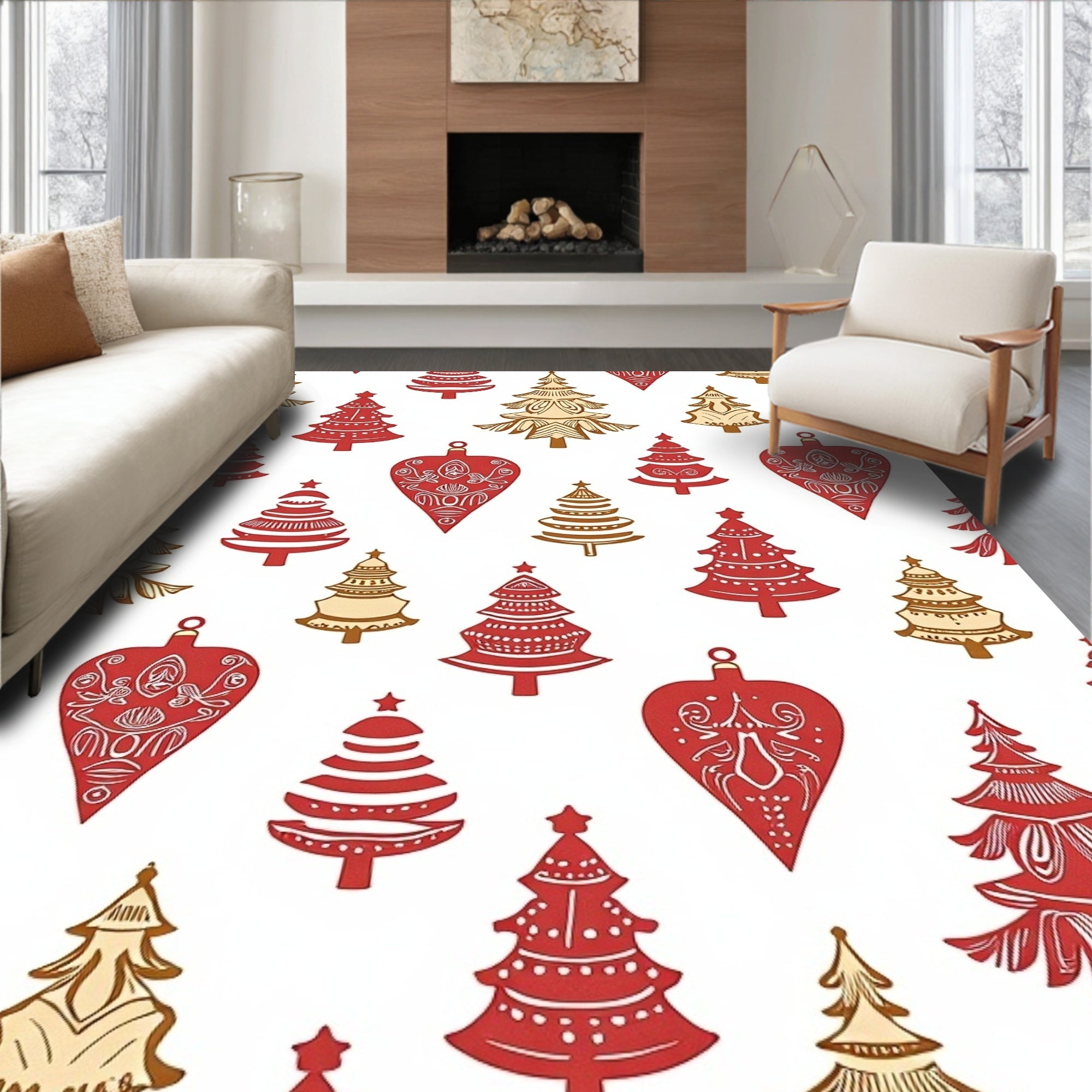 Crimson Gold Christmas Tree Ornaments Rug