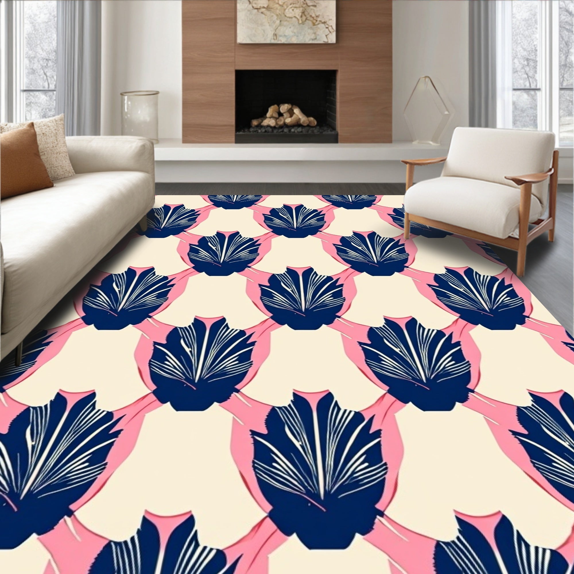 Navy Shell Pattern on Cream Background Rug