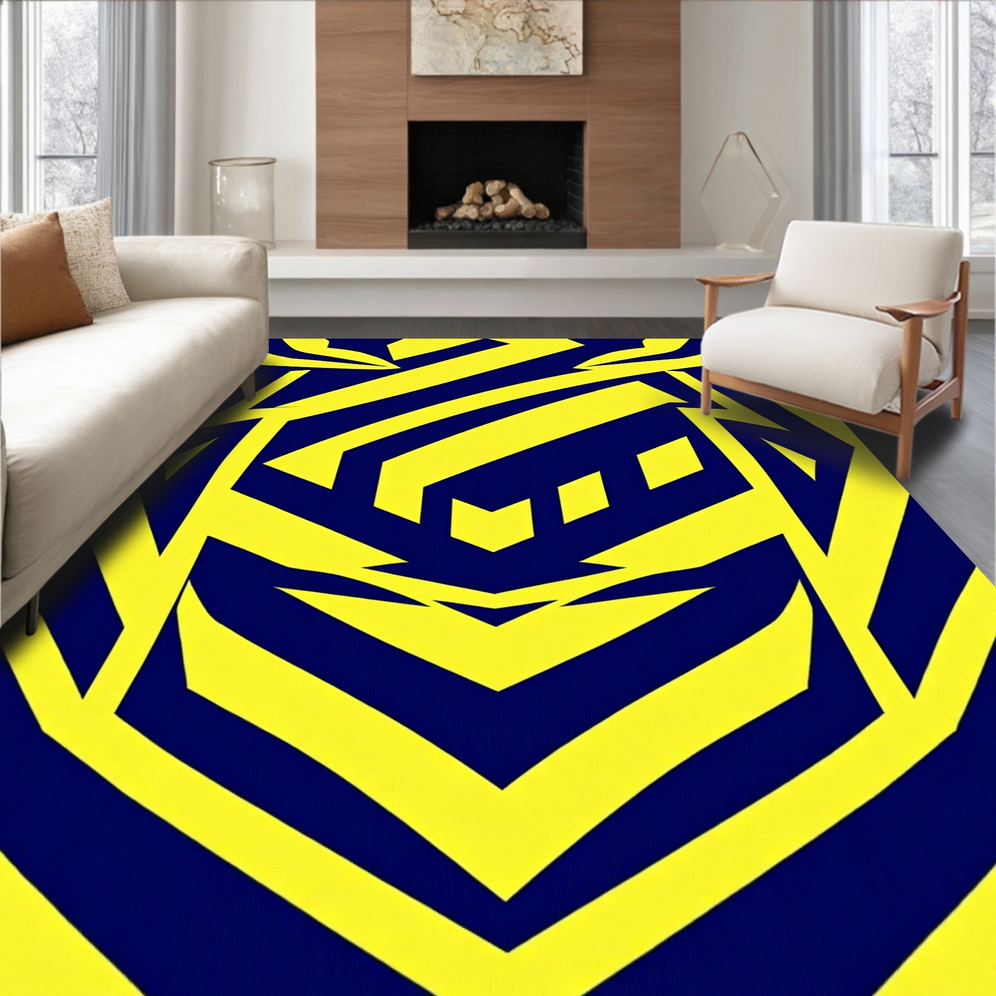 Bold Yellow Blue Geometric Pattern Rug