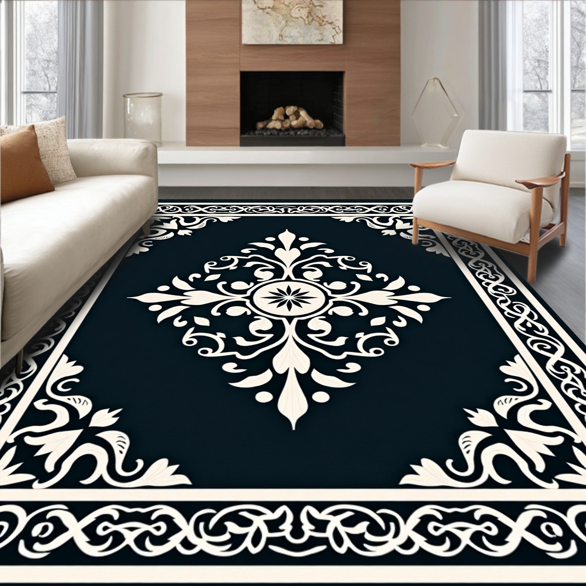 Ornate Cream Floral Centerpiece Rug