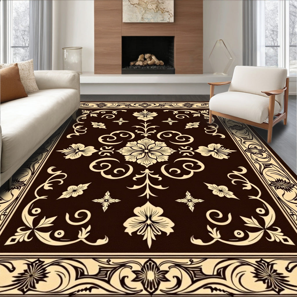 Dark Brown Cream Floral Scroll Medallion Rug