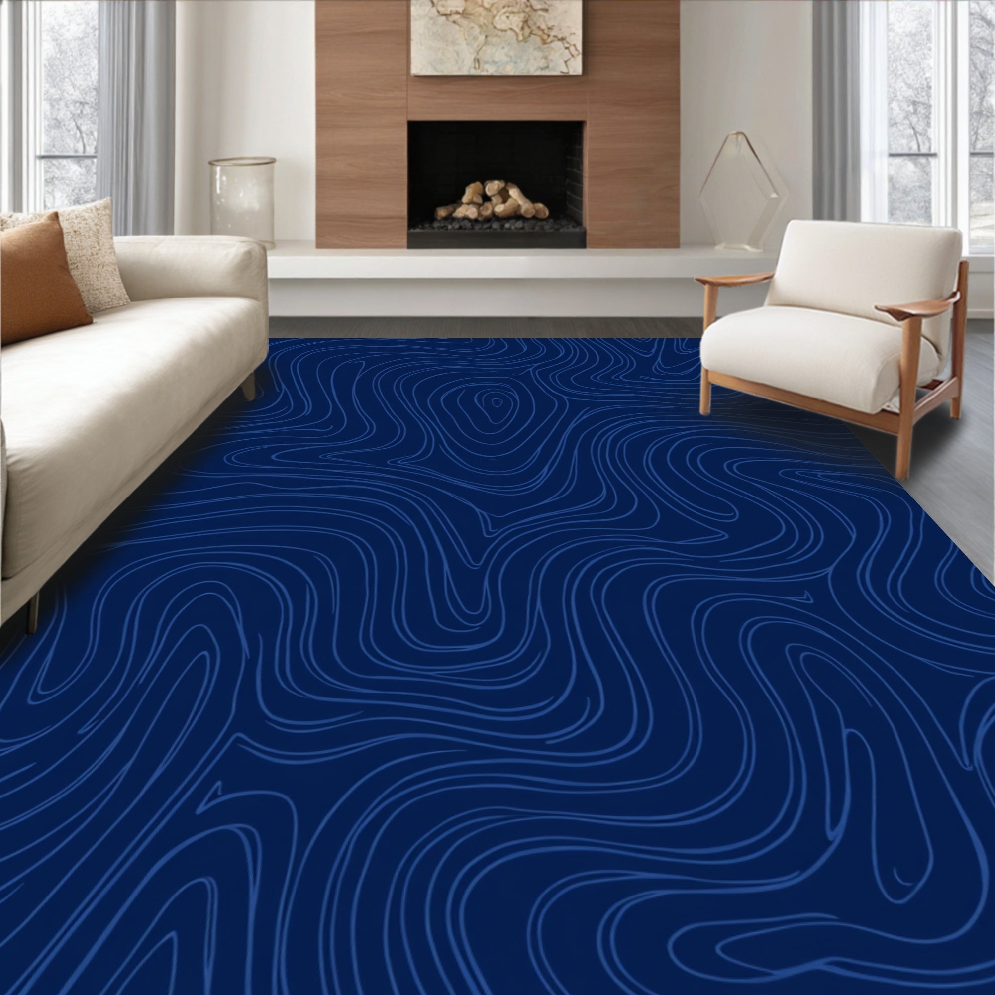 Deep Blue Contour Line Art Rug