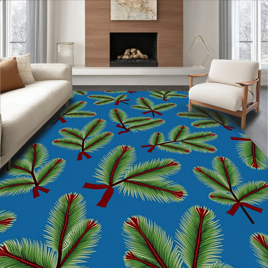 Festive Green Pine Sprigs Red Bows Rug