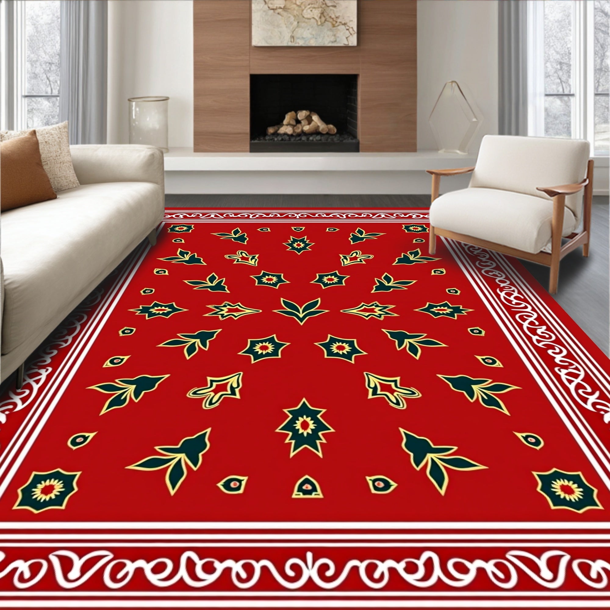 Red Starburst And Leaf Pattern Design Rug