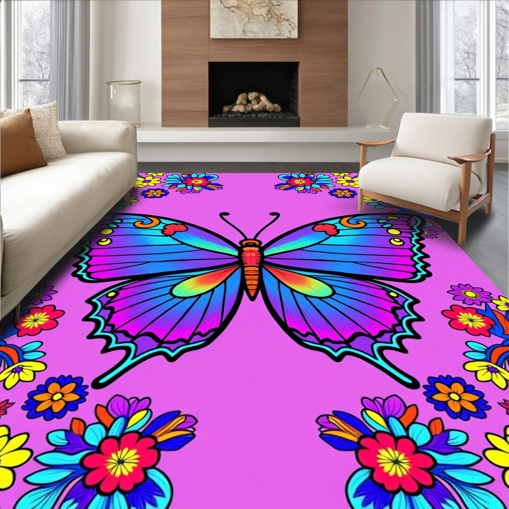 Vibrant Butterfly Floral Pattern Rug