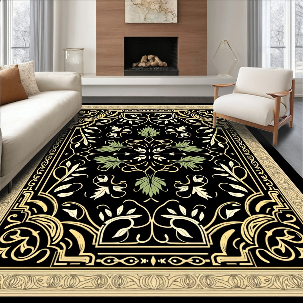 Ornate Black Gold Floral Pattern Rug