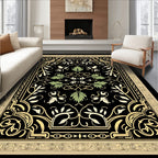 Ornate Black Gold Floral Pattern Rug
