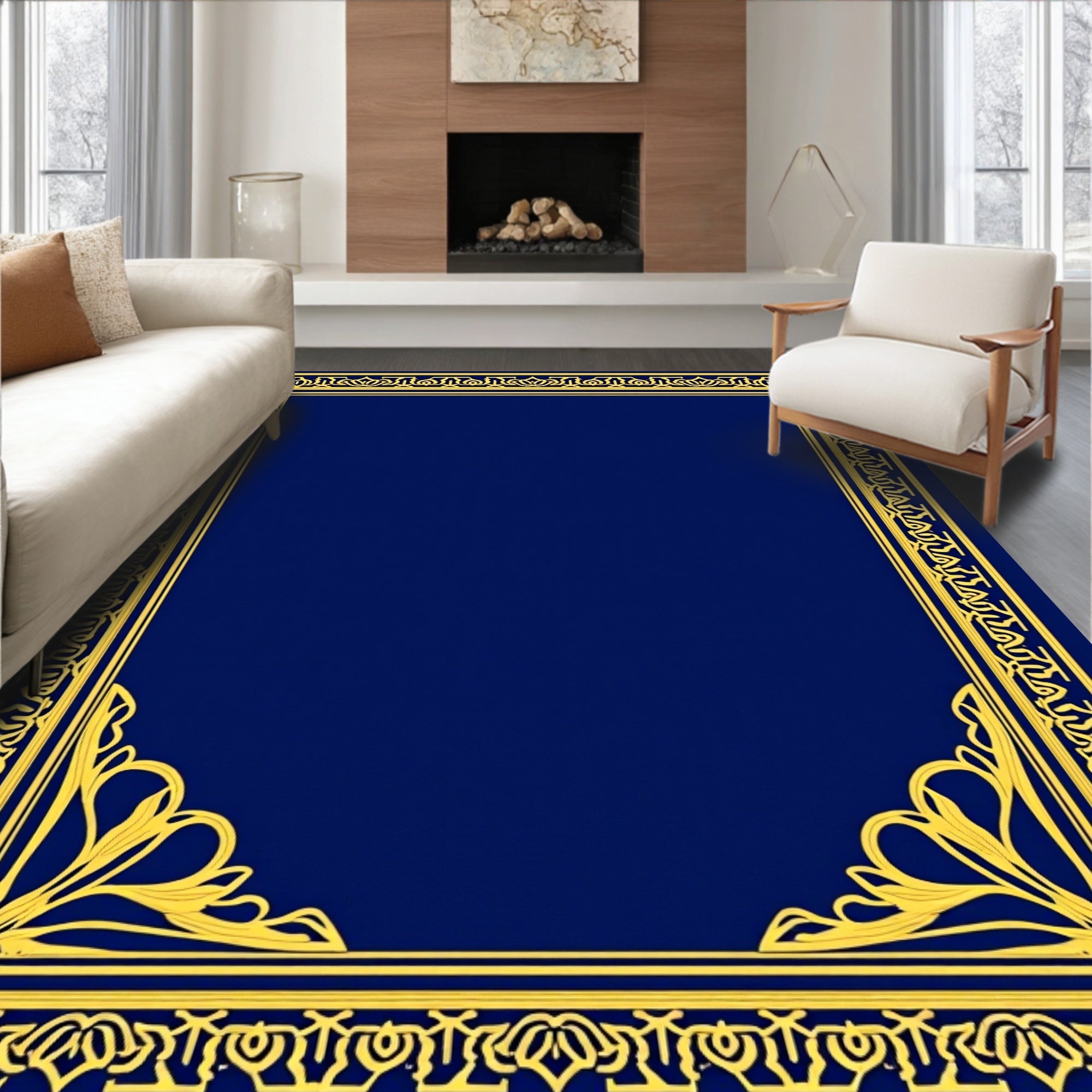 Elegant Gold Floral Ornate Border Rug