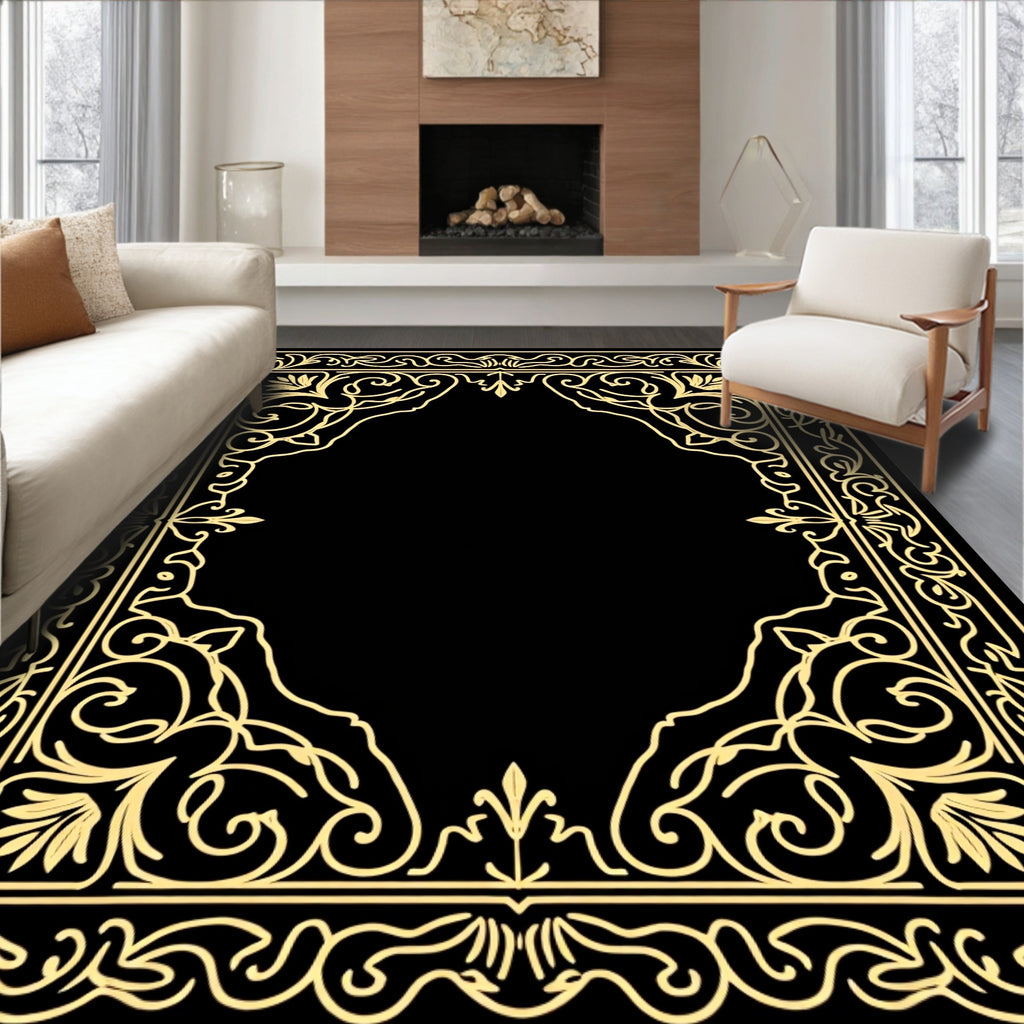 Elegant Golden Vintage Scroll Border Rug