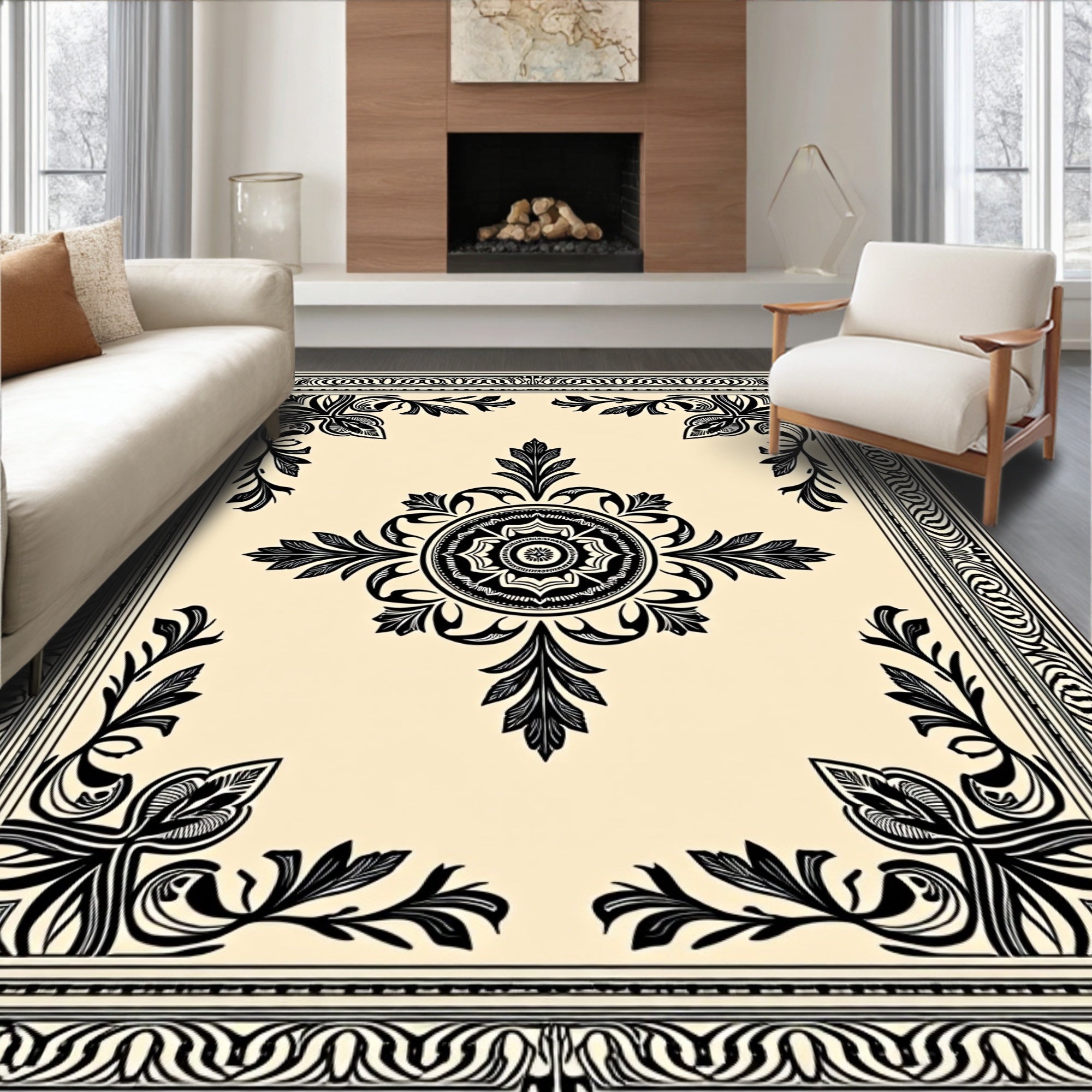 Cream and Black Medallion Floral Border Rug