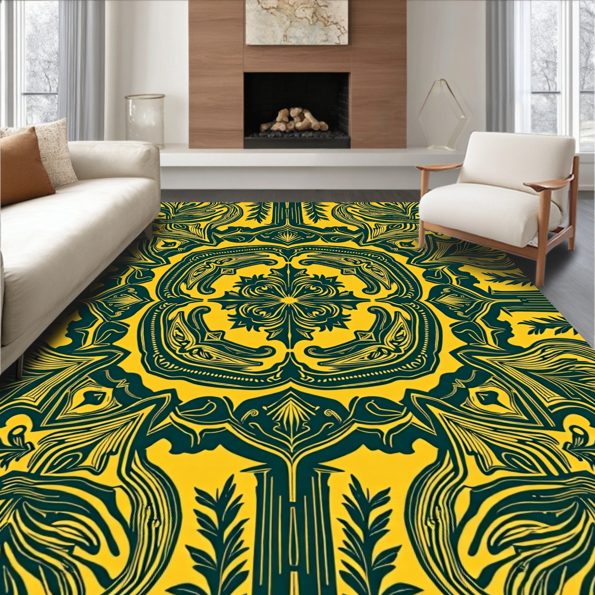 Stylized Yellow Dark Green Art Nouveau Rug